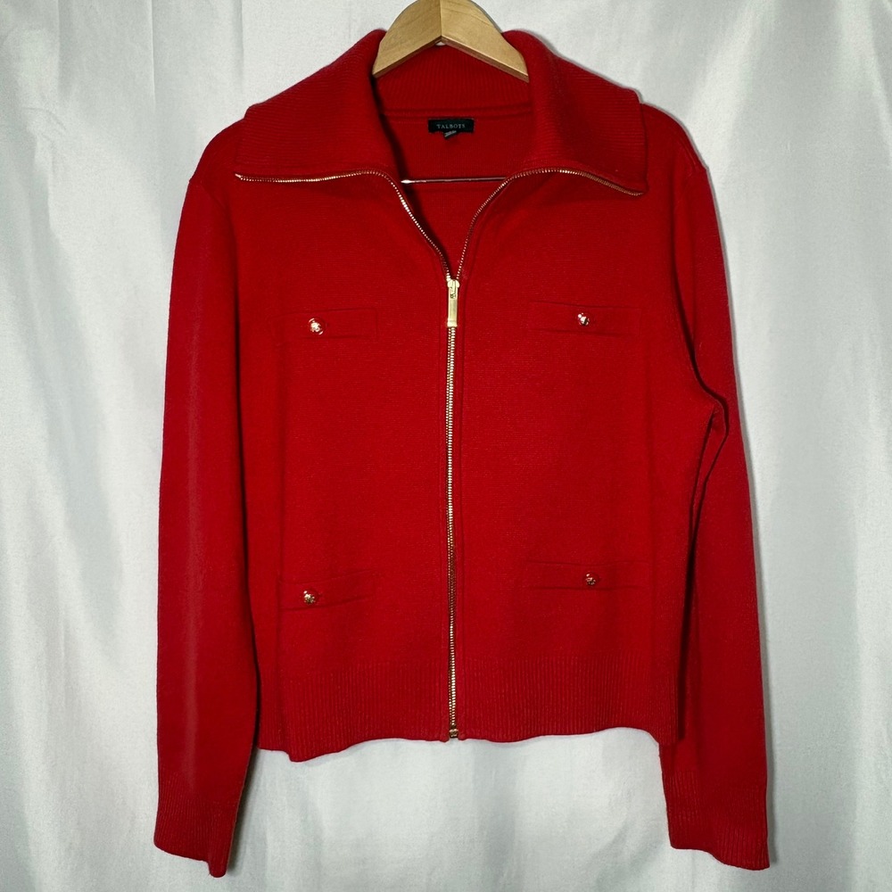 Talbots Red Full Zip Cardigan Sweater Gold Crest Buttons Mock Neck Womens Medium